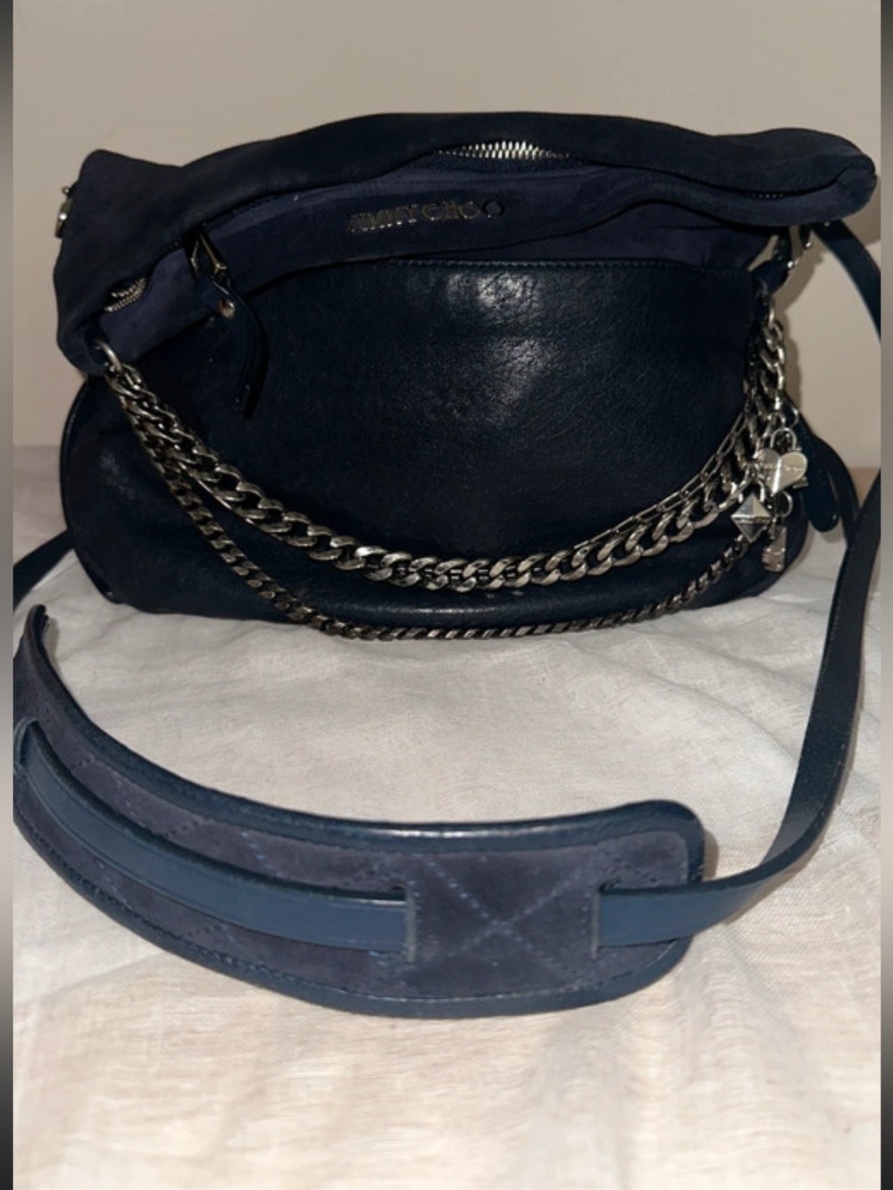 Authentic Jimmy Choo Biker Navy Suede & Leather Hobo with Silver Chain NWOT COA